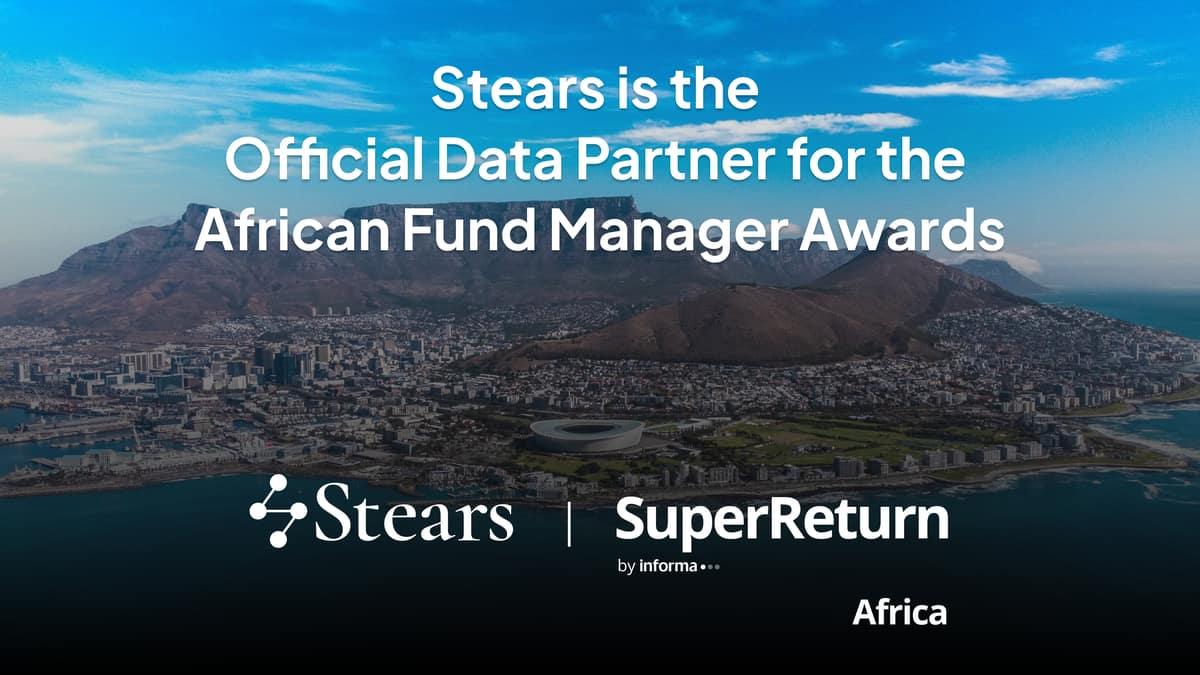 Stears, official data partner of the SuperReturn Africa fund manager awards, over an aerial view of Cape Town.